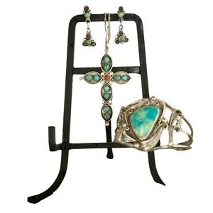 Vintage Sterling Silver Turquoise Cross Set Necklace Earrings Cuff